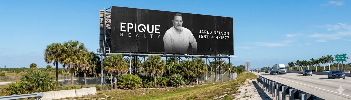 Epique Realty billboard on a South Florida highway featuring Jared Nelson and his phone number