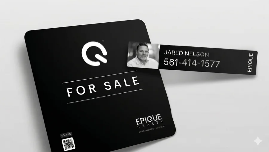 Epique Realty for-sale yard sign and NFC rider with Jared Nelson's name and phone number